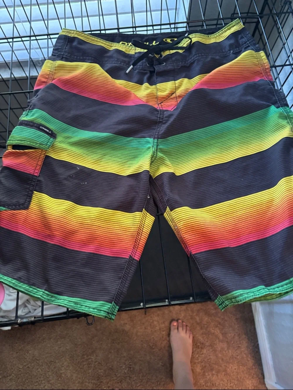 O'Neill Men’s Black Swim Board Shorts with Yellow, Green & Red Stripes - Picture 1 of 1